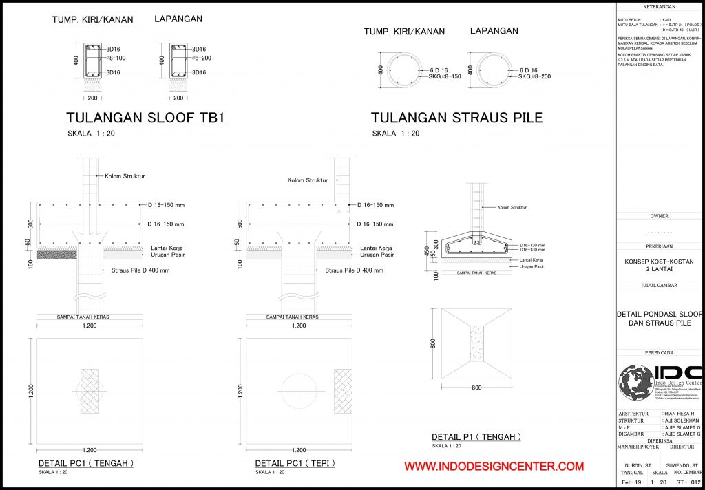 085 - Tulangan Sloof TB1, Tulangan Straus Pile, Detail PC1 Dan Setail P1 Autocad Dwg Yogyakarta